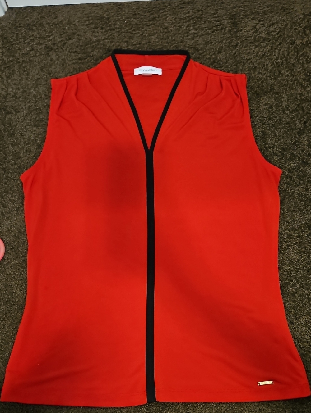 Calvin Klein Red Sleeveless V-Neck Tank with Black Piping